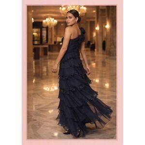 Navy Blue One Shoulder Tadashi Shoji Tiered Maxi Gown Dress S Navy Excellent
